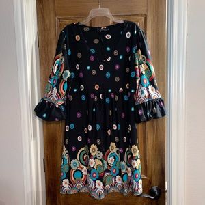 Black Floral Print Mini Dress with Bell Sleeves